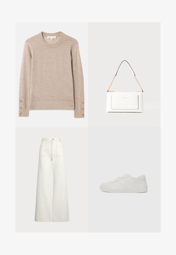 Beige crewneck sweater made of soft knit material, featuring long sleeves and four button accents on each cuff. Minimalist design with textured finish.; Wide-leg jeans in off-white denim. High-waisted design with a button closure, two front pockets, and contrast stitching details.; White leather sneaker with flat laces, rounded toe, and subtle stitching details. Features a textured sole and embossed brand logo on heel.; White leather handbag with a textured finish, featuring a gold chain strap and black accents. Includes a front pocket and zipper closure.