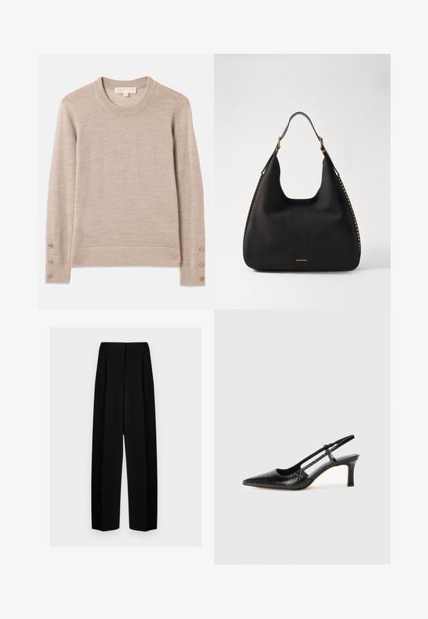 Beiger Rundhalsausschnitt-Pullover aus weichem Strickmaterial, mit langen Ärmeln und vier Knopf-Details an jedem Bündchen. Minimalistisches Design mit strukturiertem Finish.; Schwarze weit geschnittene Hosen mit hoher Taille, die Falten und eine glatte Textur aufweisen. Der Stoff wirkt leicht und fällt elegant.; Schwarze Lack-Slingback-Pumps mit spitzem Zehenbereich, versehen mit strukturiertem Schlangenprint, verstellbarem Riemen und einem kurzen, strukturierten Blockabsatz.; MICHAEL Michael Kors NOLITA HOBO  - Handtasche - black