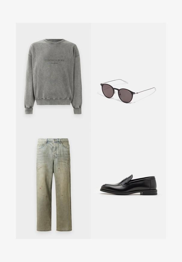 Grey long-sleeve crewneck sweatshirt with ribbed cuffs and hem, featuring the text "CONCRETE BORN" and smaller text below it.; Distressed denim jeans in light green, featuring a straight leg, five-pocket design, and uneven fading with paint splatters.; Black leather loafers with a smooth texture, rounded toe, and a decorative strap across the vamp. Low stacked heel, minimalist design.; Black round sunglasses with dark lenses and slim metal arms. Includes clear temple tips and silver accents at the hinge. Minimalist design.