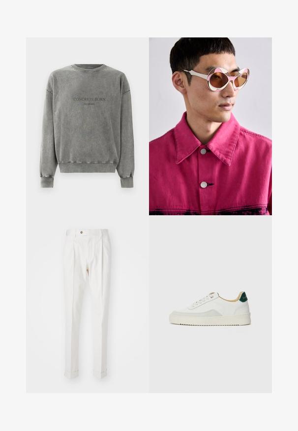 Szara, długosleeve bluza typu crewneck z ribbowanymi mankietami i dolnym brzegiem, z napisem "CONCRETE BORN" oraz mniejszym tekstem poniżej.; Białe, dopasowane spodnie z płaskim przodem, dwoma zaszewkami i podwiniętymi mankietami. Wykonane z gładkiego materiału z zapięciem na guzik w talii.; Białe trampki z zamszowymi akcentami, zaokrąglony czubek, płaskie sznurowadła i kremowa gumowa podeszwa. Posiadają zielone logo na pięcie.; Białe i różowe, oversize'owe okulary przeciwsłoneczne z zakrzywioną ramką, z brązowymi szkłami. Modelka ma na sobie różową dżinsową kurtkę z kołnierzem.
