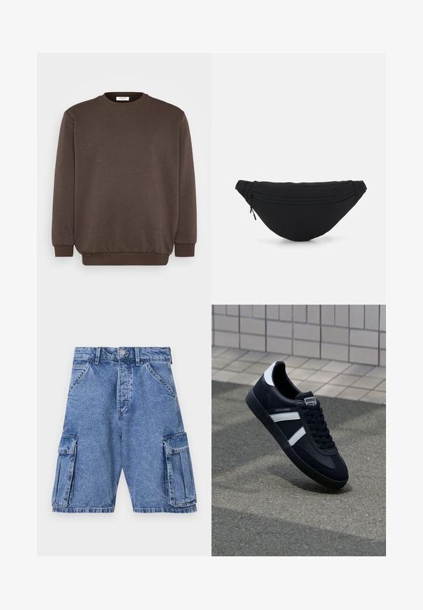 Jack & Jones JJEBRADLEY CREW - Sweatshirt - mulch; Shorts cargo en denim bleu à taille haute, avec plusieurs poches cargo sur les côtés et un design classique à cinq poches. Texture délavée.; Sneaker en cuir noir avec des rayures blanches, semelle en caoutchouc texturée et devant à lacets. Présente une étiquette de marque sur la languette.; Banane en tissu noir avec une forme arrondie, poche zippée à l'avant et texture lisse. Pas de motifs ou d'accents visibles. Design léger.