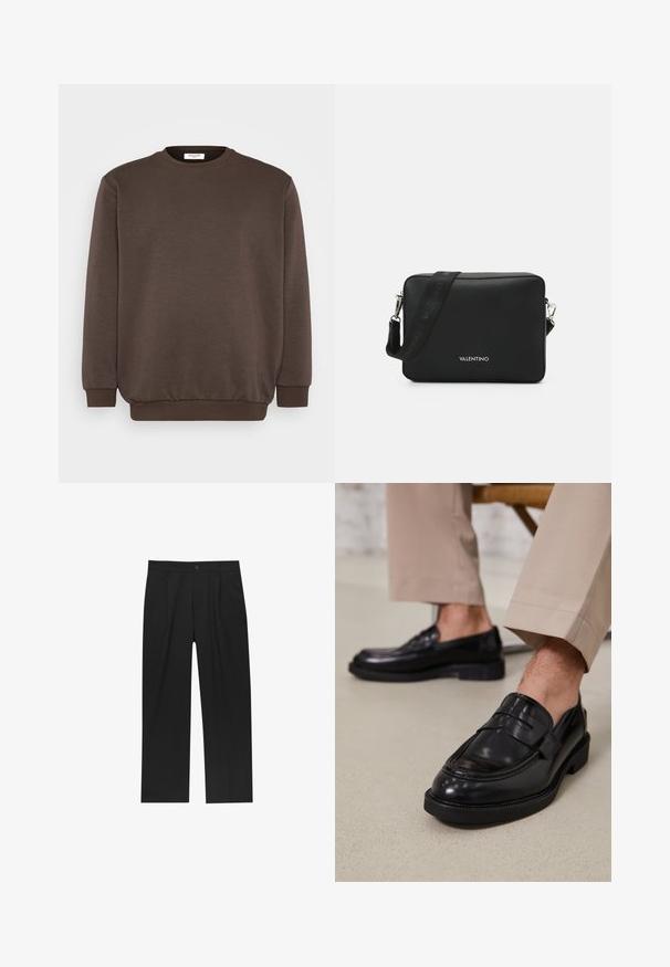 Jack & Jones JJEBRADLEY CREW - Bluză de molton - mulch; Pantaloni negri cu un design drept, fabricați dintr-un material neted. Au plisse în față și un sistem de închidere cu un singur buton la talie.; Loafers negre din piele cu o finisare netedă, având o curea decorativă și cusături contrastante, asortați cu pantaloni bej.; Geantă crossbody rectangulară neagră, realizată din material texturat, cu un sistem de închidere din hardware argintiu și o curea ajustabilă cu brand.