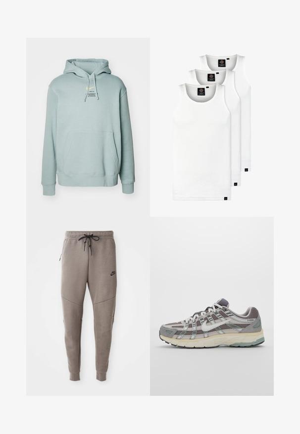 Nike Sportswear HOODIE - Sportinis megztinis - light pumice; Trys balti, dryžuoti marškiniai be rankovių, pagaminti iš medvilnės. Yra apvalus kaklas ir maži juodi etiketės netoli siūlės. Siūlomi įvairių dydžių.; Pilkos Nike kelnės su raišteliu liemenyje, siaurėjančiomis kojomis, šoninėmis kišenėmis ir išskirtiniais siūlų detalėmis. Minkšta, tekstūruota medžiaga.; Pilkas sportinis batas su tinklu ir zomšos viršutine dalimi, baltomis detalėmis, paminkštintu padu ir išskirtiniu dizainu su atspindinčiais elementais.