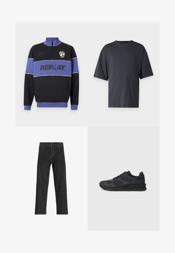 Svart og lilla halv-zip sweatshirt med "REPLAY" logo over brystet og Replay FC-emblem med tre stjerner på øvre venstre side.; Mørk grå kortermet t-skjorte laget av lett bomull, med løs passform og klassisk rund hals, med ensartet tekstur og uten mønstre.; Sorte denimjeans med rett ben-design, som har glidelås, beltehemper og seks lommer, laget av et slitesterkt bomullsmateriale.; Replay ARTHUR ATOM - Joggesko - black