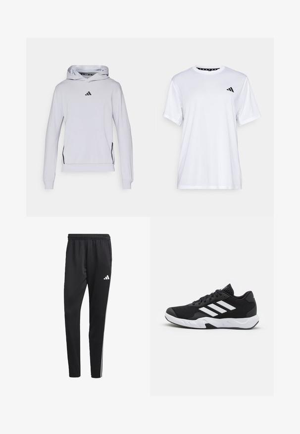 Felpa grigia chiara realizzata in tessuto morbido, dotata di tasca a marsupio, polsini a coste e un logo nero sul petto. Accenti neri sui lati.; Maglietta sportiva bianca a maniche corte, realizzata in tessuto traspirante. Presenta un logo nero sul lato sinistro del petto e un collo interno a fantasia.; Pantaloni sportivi neri con una cintura elastica, strisce laterali bianche e un piccolo logo bianco sulla coscia. Realizzati in un materiale liscio e leggero.; Scarpe da ginnastica nere con una tomaia in mesh texturizzata, strisce bianche di accento, suola imbottita e tallone rinforzato per supporto.