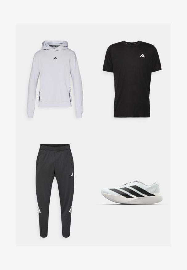 Light grey hoodie made of soft fabric, featuring a kangaroo pocket, ribbed cuffs, and a black logo on the chest. Black accents on the sides.; Black cotton t-shirt with short sleeves, crew neckline, and a white logo on the left chest. Smooth texture and simple design.; Black athletic pants with tapered legs, elastic waistband, side pockets, and white logo and stripes detailing. Made from a smooth, lightweight material.; Lightweight running shoes in pale blue with black stripes. Features a smooth upper, round toe, and thick white midsole labeled "LIGHTSTRIKE PRO."