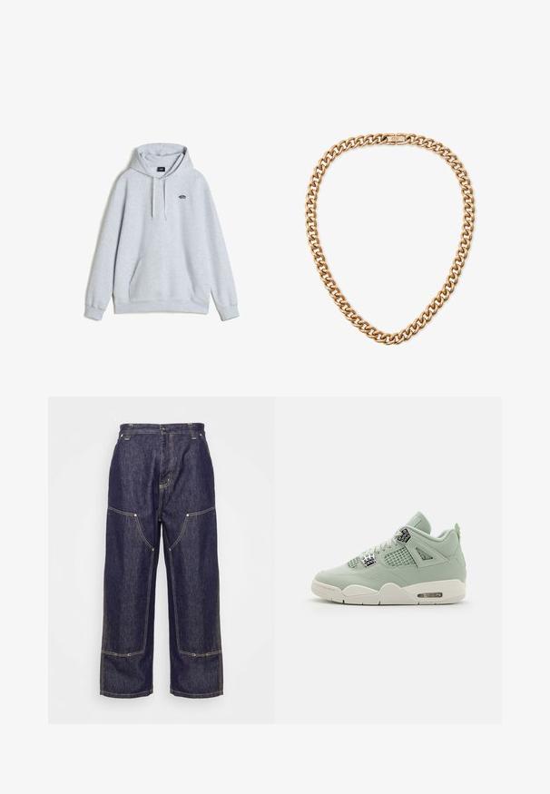 Vans STYLE LOOSE FIT - Jersey con capucha - light grey; Carhartt WIP NASH PANT SMITH - Vaqueros boyfriend - blue rinsed; Zapatilla verde claro con parte superior de cuero, paneles de malla, suela blanca y acentos distintivos. Cuenta con cordones y amortiguación de aire en el talón.; Collar de cadena de metal en tono dorado que presenta grandes eslabones entrelazados y un cierre seguro. Superficie lisa y brillante con un acabado pulido.