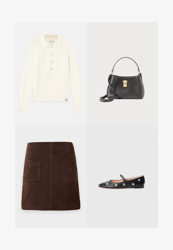 Krem pulover z pletenico in ovratnikom, štirimi gumbi, rebrastimi manšetami in majhnim logotipom na robu.; Rjava nubukova krila, ki vsebujejo klasično A-linijo, dve sprednji žepi z zaobljenimi poklopci in subtilne šivane detajle.; Črne usnjene Mary Jane balerinke z zaobljenim noskom, opremljene z zlatimi krožnimi mošnjo in nastavljivim trakom z zaponko.; Črna usnjena torbica z teksturirano površino, ki ima zlati zaklep, kratek ročaj in snemljivi ramenski trak.