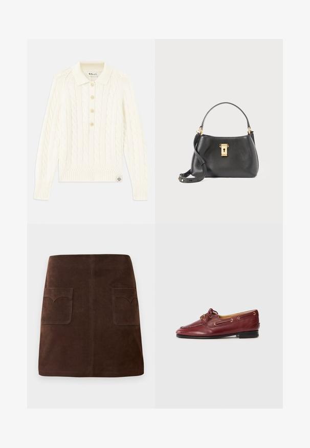 Maglione lavorato a maglia a trecce di colore crema con colletto, patta con quattro bottoni, polsini a costine e un piccolo logo ricamato sull'orlo.; Gonna in suede marrone con una classica forma a campana, due tasche frontali con alette arrotondate e dettagli di cucitura sottili.; Mocassini da barca in pelle borgogna con punta rotonda, design con lacci, occhielli dorati e suola nera bassa. Texture liscia con dettagli di cucitura.; Borsa a mano in pelle nera con una finitura testurizzata, dotata di chiusura a lucchetto dorato, manico corto e tracolla staccabile.