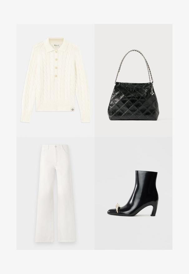 Pull en maille torsadée crème avec un col, patte de boutonnage à quatre boutons, poignets côtelés et un petit patch logo en bas.; Jean large blanc taille haute en denim. Se ferme par un bouton, dispose de deux poches avant et de coutures détaillées sur les côtés.; Bottine noire en cuir brillant, avec un bout pointu et un accent décoratif en or et argent à l'avant. Design à talon carré.; Sac à main en cuir matelassé noir avec une poignée en chaîne argentée, présentant un design structuré et une texture lisse.