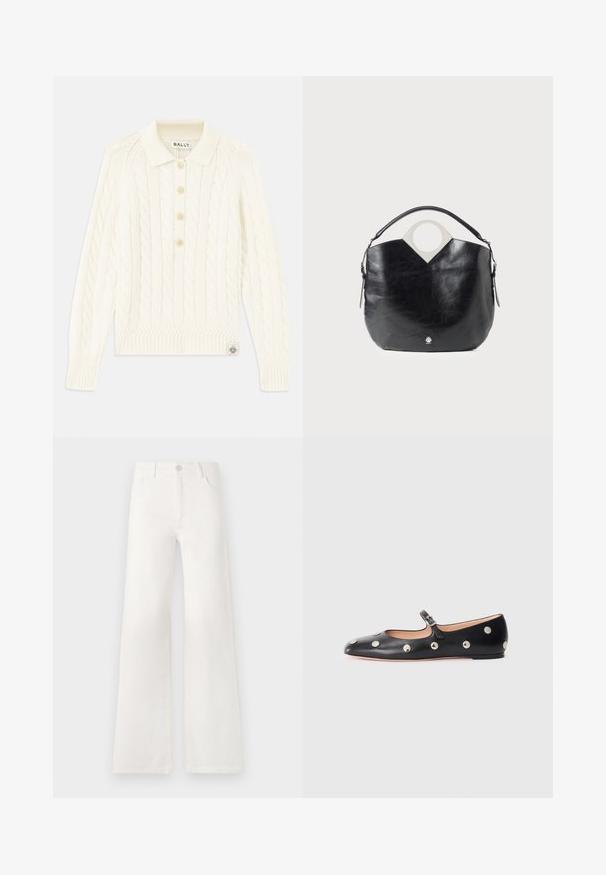 Cream cable-knit sweater with a collared neckline, four button placket, ribbed cuffs, and a small logo patch at the hem.; White, high-waisted wide-leg jeans made of denim. Features a button closure, two front pockets, and side seams with stitching details.; Black leather Mary Jane flat shoe with a rounded toe, featuring silver circular studs and an adjustable strap with a buckle.; Black leather bag with a curved shape, circular top handle, and silver logo detail. Smooth texture and notable cut-out design feature.