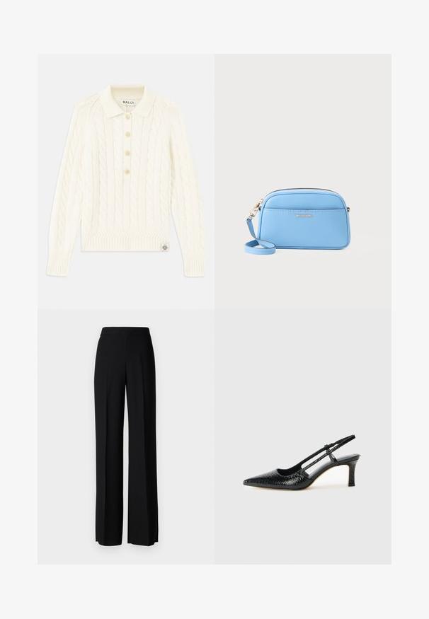 Cream cable-knit sweater with a collared neckline, four button placket, ribbed cuffs, and a small logo patch at the hem.; Black wide-leg trousers with a smooth texture, featuring a high waistband and center pleats. No visible patterns or hardware details.; Black patent slingback heel with a pointed toe, featuring textured snake print, adjustable strap, and a short, textured block heel.; Light blue leather crossbody bag with gold-tone hardware, zip closure, and a front pocket. Features an adjustable strap for convenience.
