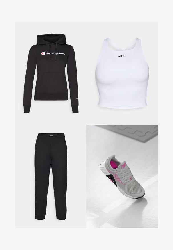 Hoodie preto feito de tecido suave, com capuz ajustável por cordão, bolso frontal tipo canguru e logotipo "Champion" bordado em branco ao longo do peito.; Top crop desportivo branco feito de tecido liso e elástico. Apresenta um design de costas cruzadas e um pequeno logótipo preto na frente.; Champion C-TECH CUFFED PANTS INTERLOCK - Calças de fato de treino - black; Sapatilha atlética Reebok em cinza e rosa com parte superior em malha e sola detalhada, exposta sobre uma superfície branca reflexiva.