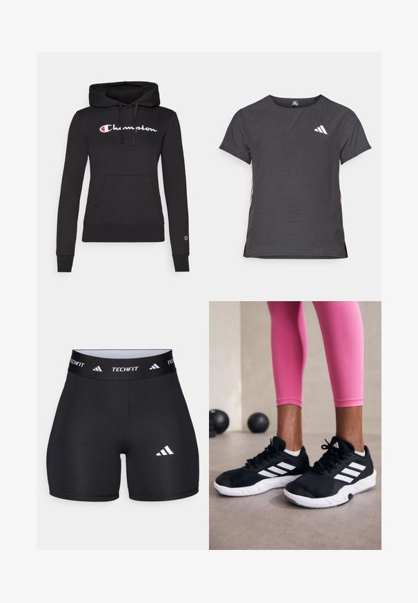 Fekete kapucnis pulóver, puha anyagból készült, függő zsinóros kapucnival, elöl kenguruzsebbel és fehér hímzett „Champion” logóval a mellkason.; Rövid ujjú sport póló, sötétszürke perforált textúrával. Fehér logóval és kontrasztos oldalsávokkal rendelkezik. Kerek nyakkal.; Fekete, rugalmas anyagból készült, testhezálló rövidnadrág. Széles fekete derékpánttal rendelkezik, amelyen a "TECHFIT" felirat található, és a lábszáron egy fehér logó van.; Fekete sportcipők fehér csíkokkal, texturált hálós felsőrésszel és fehér talppal. Rózsaszín leggings-szel viselve, bemutatva az edzőruhákat.