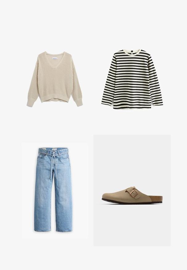 Beige gestrickter Pullover mit V-Ausschnitt, geripptem Textur und langen Ärmeln in cropped Passform. Etikett im Nacken sichtbar.; Langärmliges Baumwoll-T-Shirt mit schwarz-weißen horizontalen Streifen, Rundhalsausschnitt und weicher Textur. Keine sichtbaren Beschläge oder Akzente.; Hellblaue Jeans im weiten Schnitt mit hoher Taille, Knopf- und Reißverschluss sowie einer Kordelzugdetails an der Taille. Roh geschnittener Saum.; Beige Clogs mit einer abgerundeten Zehenpartie, verstellbarem Schnallenakzent und Korkfußbett. Strukturierte Oberfläche mit einer schwarzen Gummisohle für besseren Halt.