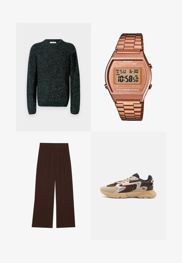 Tummanvärinen neulepusero, jossa on pyöreä kaula-aukko, pitkät hihat ja ribbed hihansuut. Materiaali sisältää tekstuuripinnan, jossa on kevyitä läikkiä kauttaaltaan.; Ruske leve široke hlače z gubami. Narejene so iz gladkega blaga, z oblikovanim pasom in stranskimi žepi. Ravna obleka na dnu.; Beige ja pruun tennised tekstuursete võrgupaneelidega, sametised aktsendid ja kummist talla. Omab nöörimise disaini ja bränditud detaile.; Digitaalinen Casio-kello, jossa on ruusukultainen metalliranneke, suorakaiteen muotoinen kuori, valaistu näyttö ja vedenkestävyys, näyttää ajan ja päivämäärän.