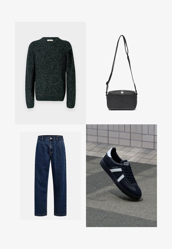 Temna pletena jopica z okroglim ovratnikom, dolgimi rokavi in ribastimi manšetami. Material ima teksturiran vzorec s svetlimi lisami po celotni površini.; Temno modri kavbojki iz denima s pravim krojem. Imajo vidno šivanje, zapenjanje na gumb in sprednje plitke za dodaten detajl.; Črne usnjene superge z belimi črtami, teksturiran gumijast podplat in zavezovanje spredaj. Imajo označeno oznako na ježku.; Črna usnjena torbica čez ramo z zadrgo, embosirano logotipom spredaj in nastavljivim pasom. Gladka površina z pravokotno obliko.