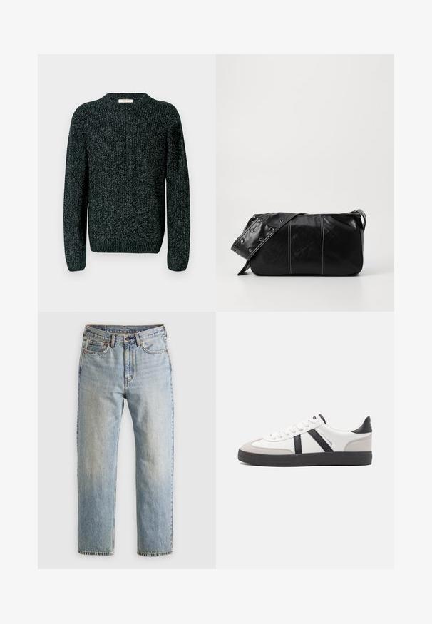 Tmavý pletený sveter s okrúhlym výstrihom, dlhými rukávmi a rebrovanými manžetami. Materiál má štruktúrovaný vzor s jemnými bodkami po celom povrchu.; Svetlomodré džínsy s vysokým pásom, predným gombíkom, zipsom a dizajnom s piatimi vreckami, rozložené na neutrálnom pozadí.; Biele tenisky s čiernymi a šedými akcentmi, s textúrovanou šedou špičkou, čiernou gumovou podrážkou a plochými bielymi šnúrkami. Čistý dizajn, minimalistický štýl.; Čierna kožená kabelka cez plece so zipsovým uzáverom, so štruktúrovaným telom, bielym prešívaním a popruhom so striebornými očkami.