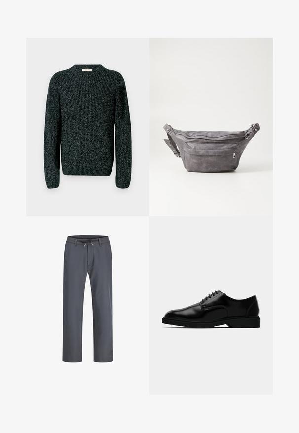 Tumši adīts džemperis ar apaļu kaklu, garām piedurknēm un ribotiem aprocēm. Materiāls ir ar teksturētu rakstu un viegliem fleķiem visā virsmā.; Pelēkas, elastīgas jostas bikses ar auklu. Taisna kāju dizains, pagatavots no gludas auduma, ar minimālu šuvju skaitu un bez redzamām detaļām.; Melnas ādas kleita kurpes ar gludu apdari, noapaļotu pirkstu, aukliņu dizainu un nepiespiestu gumijas zoli labākai saķerei.; Pelēks zamšādas jostas somiņa ar noapaļotu formu, divām kabatām ar rāvējslēdzējiem un regulējamu siksnu. Iekļauj metāla aksesuārus.