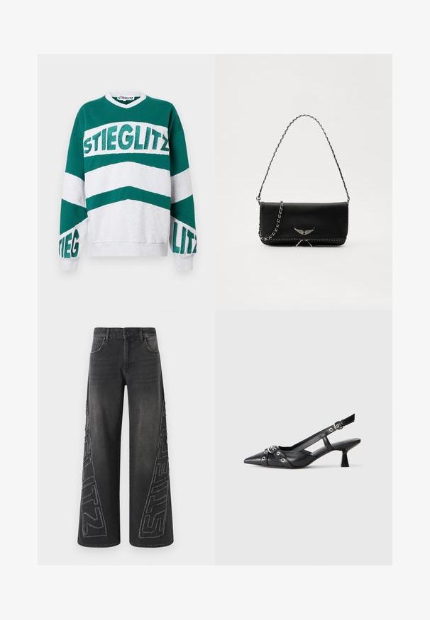 Zöld és szürke, túlméretezett pulóver V nyakkal, amelyen vastag, texturált betűkkel szerepel a "STIEGLITZ" felirat a mellkason és az ujjakon.; Fekete, bővített szárú farmernadrág, oldalán rojtos hímzett grafikával és hagyományos öt zsebes kialakítással.; Fekete bőr slingback cipő hegyes orral, dekoratív pántokkal, fém szemekkel és alacsony blokk sarkú. Texturált felület.; Fekete bőrtáska ezüstlánc pánttal, díszes szárnyakkal és fehér varrással az alsó varrat mentén.