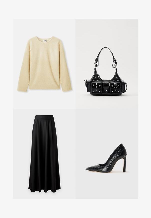 Beež fliistehitis, millel on pikad varrukad, ümar kaelus ja pehme tekstuur. Omab lõdva lõiget ja diskreetset brändimärki sisekaeluses.; Mustmust pikk, must seelik, millel on sile tekstuur, lai vöökoht ja volditud disain, ilma nähtavate mustrite või kaunistusteta.; Mustan teravaotsaga kõrge kontsaga king, millel on krokodillimustriga tekstuur, stiilne disain, kõrge stilettokonts ja sile must sisesisustus.; Must värvi nahast käekott, millel on kaarjas disain, hõbedased nupukesed, kinnitusahe ja kaks külgtaskut. Reguleeritav rihm erinevate kandmisvõimaluste jaoks.