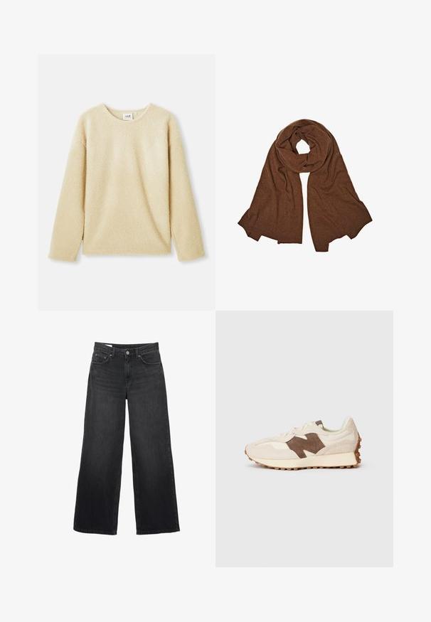 Beiges Fleece-Sweatshirt mit langen Ärmeln, runden Ausschnitt und weicher Textur. Verfügt über eine lockere Passform und ein dezentes Markenschild am inneren Kragen.; Schwarze weit geschnittene Jeans aus Denim. Sie verfügen über ein klassisches Fünf-Taschen-Design, eine gerade Silhouette und einen Knopfverschluss vorne.; Beige Sportsschuh mit braunen Wildlederakzenten, ausgestattet mit einem strukturierten Obermaterial, Schnürsenkeln und einer Gummisohle mit Profilmustern.; Brauner gestrickter Schal mit weicher Textur, der ein langgestrecktes, drapiertes Design aufweist. Die Kanten sind mit einem gerippten Saum versehen.; Geflochtene olivgrüne Handtasche mit runder Form und gedrehter Tragegriff. Strukturiert Oberfläche mit diagonaler Musterung. Reißverschlussverschluss.
