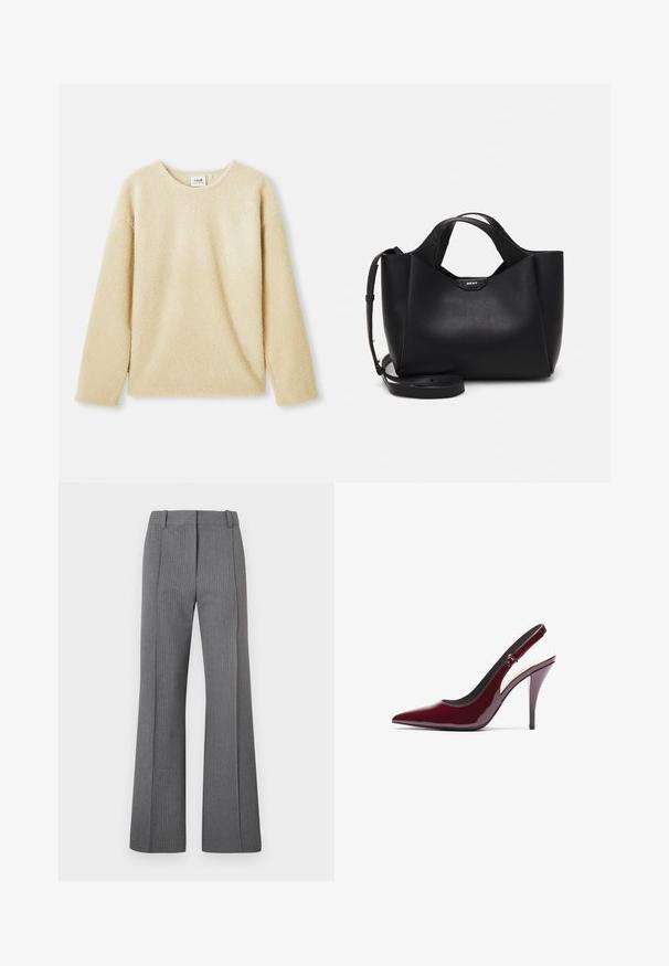 Beige fleece genser med lange ermer, rund hals og myk tekstur. Har en avslappet passform og subtil merkeetikett på den indre kragen.; Grå stripete utsvingte bukser med flat front, beltehemper og glatt tekstur. Hel lengde design med subtile mønstere detaljer.; Burgunderfarget patentlær slingback pumpe med spiss tå, høy stilettohæl og en slank, jevn tekstur. Justerbar stroppdetalj.; Svart skinnhåndveske med teksturert finish, vinklet form, doble håndtak og justerbar skulderrem. Har et DKNY-logo som detaljer.