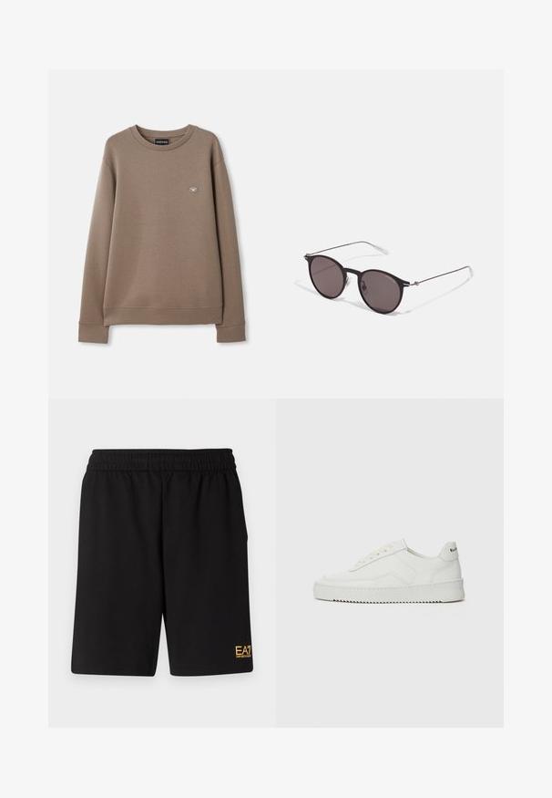 Hnědá mikina s dlouhým rukávem a kulatým výstřihem, s malou nášivkou loga Emporio Armani na levé hrudi, vystavená na čistém bílém pozadí.; Černé bavlněné tričko s kulatým výstřihem, krátkými rukávy a logem "EMPORIO ARMANI" v bílém nad nápisem "Milano" v zakřiveném provedení.; Černé sportovní šortky vyrobené z měkké látky, s elastickým pasem a malým žlutým logem EA7 na dolní části levé nohy.; Bílé kožené tenisky s hladkým povrchem, kulatou špičkou, plochými tkaničkami a texturovanou podrážkou. Na patě se nachází nenápadné logo.; Černé kulaté sluneční brýle s tmavými skly a tenkými kovovými nohami. Obsahují průhledné koncovky nožiček a stříbrné akcenty na pantu. Minimalistický design.