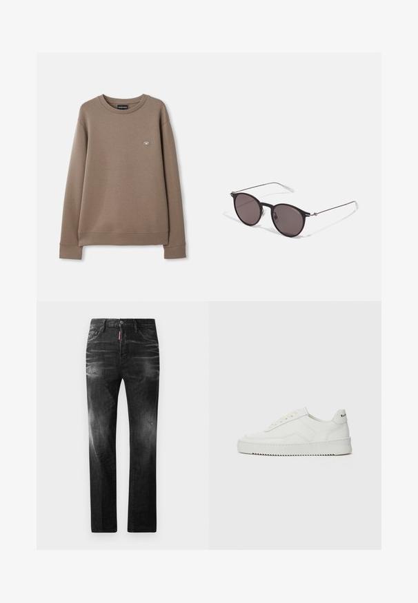 Felpa a maniche lunghe marrone con scollo rotondo e piccolo logo Emporio Armani ricamato sul lato sinistro del petto, mostrata su uno sfondo bianco semplice.; Jeans in denim nero con vestibilità dritta. Presentano aree sbiadite, leggeri segni di usura, classico design a cinque tasche e chiusura con bottone.; Sneaker in pelle bianca con una finitura liscia, punta rotonda, lacci piatti e suola testurizzata. Presenta un logo discreto sul tallone.; Occhiali da sole neri rotondi con lenti scure e sottili bracci in metallo. Include punte trasparenti e accenti argentati alla cerniera. Design minimalista.