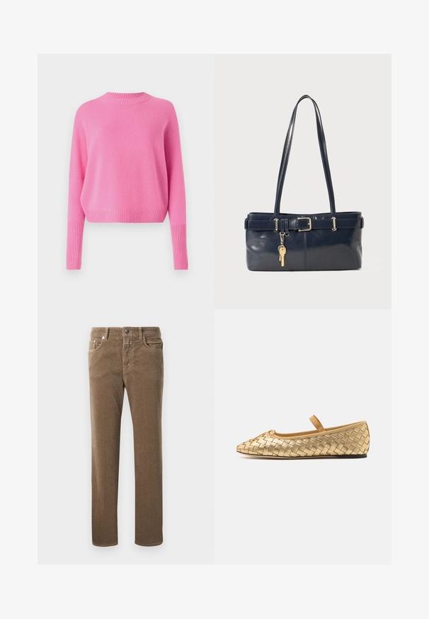 CLOSED CREW NECK CROPPED - Pulóver - flamingo pink; Barna corduroy egyenes lábú nadrág elülső zsebekkel, övhurkokkal és gombos záródással fehér háttér előtt.; Loeffler Randall LEONIE SOFT BALLET FLAT - Bokapántos balerina cipők - gold; Sötétkék bőr kézitáska két hosszú fogantyúval, csattal díszítve és kulcstartóval. Simává polírozott textúrával és téglalap alakú dizájnnal rendelkezik.