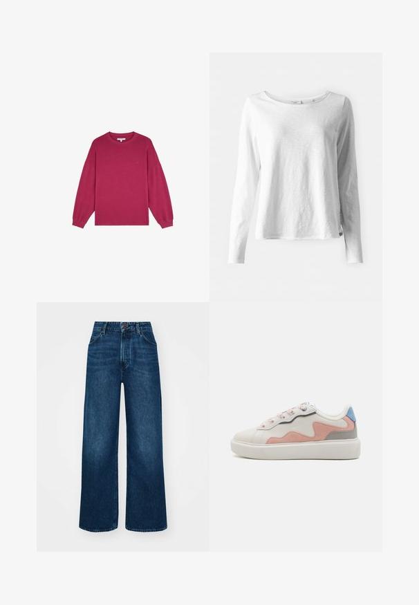 Fuchsia langærmet sweatshirt med rund halsudskæring og ribstrikkede manchetter, lavet af blødt bomuldsstof. Har et lille logo på brystet.; Langærmet hvid T-shirt i blødt, let materiale; har rund halsudskæring og en let afslappet pasform; mærket er synligt på siden.; Højtaljede, brede jeans i mørkeblå denim med en glat tekstur, kontrastsyninger og design med fem lommer. Lukning foran med knap.; Lave sneakers med en hvid syntetisk overdel, pink og grå ruskindsdetaljer, tekstureret hvid gummisål og farverige snørebånd.