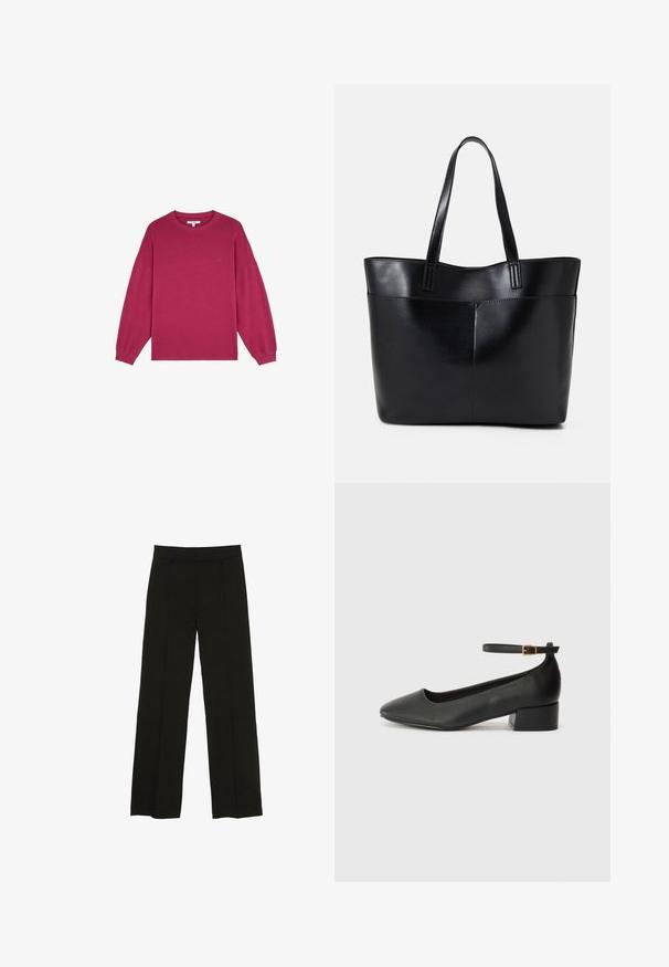 Fuchsia langærmet sweatshirt med rund halsudskæring og ribstrikkede manchetter, lavet af blødt bomuldsstof. Har et lille logo på brystet.; Sorte brede bukser lavet af et glat stof, med en tætsiddende talje og subtile frontfolder for ekstra tekstur.; Sorte læderpumper med spids tå og en lav blokhæl. Har en ankelrem med en guldfarvet spænde. Glat tekstur.; Sort læder tote taske med to lange håndtag, en glat tekstur og en struktureret form. Har en forlommem for ekstra opbevaring.