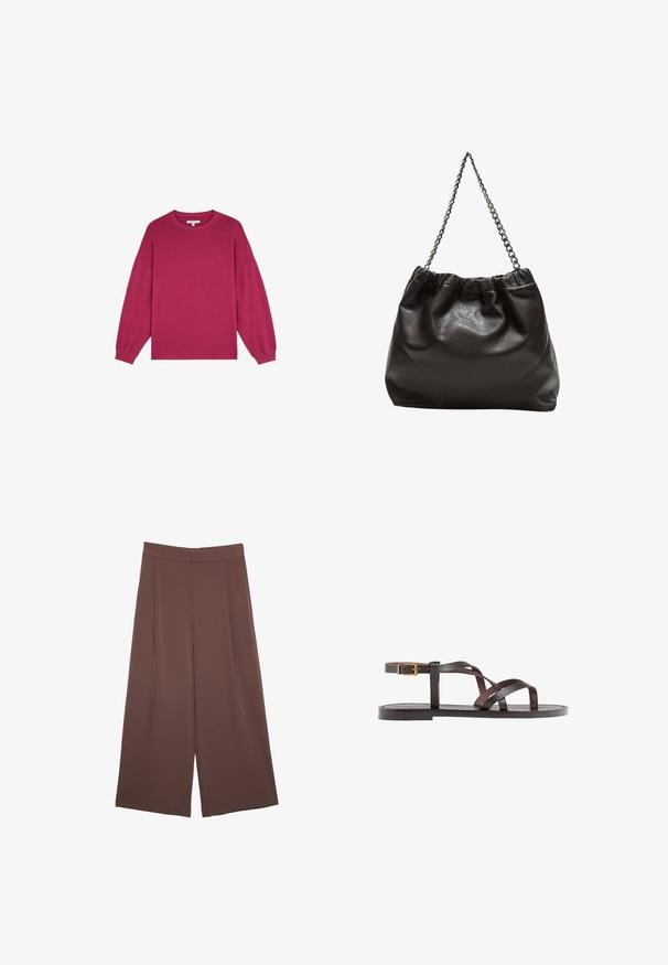 Fuchsia Langarm-Sweatshirt mit rundem Halsausschnitt und gerippten Bündchen, aus weichem Baumwollstoff gefertigt. Mit kleinem Logo auf der Brust.; Braune Weite-Leg-Hosen mit einer glatten Textur, hoher Taille und Vorderfalten. Der Stoff ist leicht und fällt locker.; Braune Leder-Sandale mit überkreuzten Riemen, einem Knöchelriemen mit Schnalle und einer flachen Sohle mit minimalen Nähdetails.; Braune Lederhandtasche mit gerafftem Oberteil und Kettenriemen. Glatte Textur mit glänzendem Finish und subtilen Nahtdetails an den Seiten.