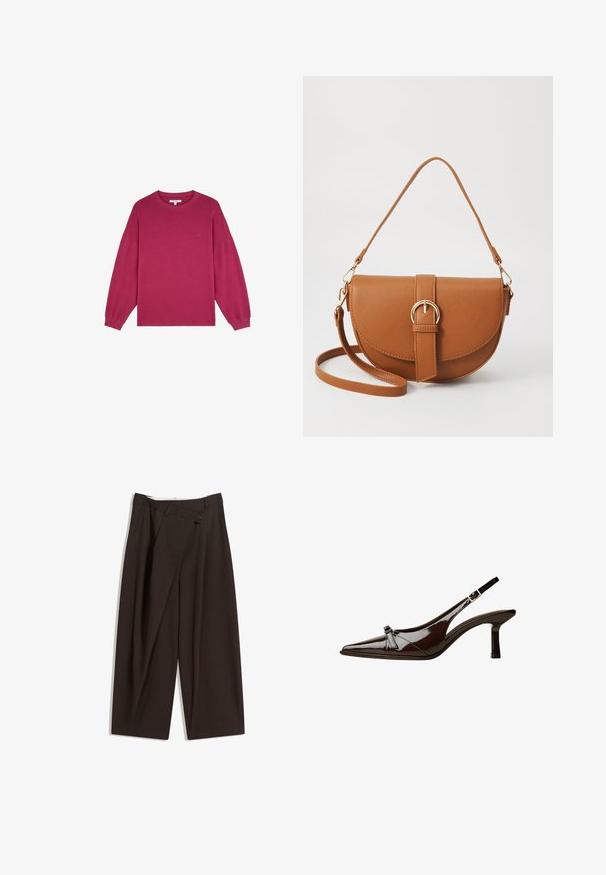 Fuksjowa bluza z długim rękawem i okrągłym dekoltem, wykonana z miękkiej bawełny. Posiada małe logo na piersi.; Ciemnobrązowe szerokie spodnie o wysokim stanie, z pojedynczym zapięciem na guzik i plisowanym przodem. Wykonane z lekkiego materiału.; Brązowe lakierowane sandały z odkrytymi palcami, o spiczastym nosku, niskim obcasie i ozdobnym kokardkowym akcentem z przodu. Gładka, błyszcząca tekstura.; Brązowa skórzana torba na ramię o zaokrąglonym kształcie, ze złotymi akcentami i zapięciem w formie klamry. Posiada odpinany pasek na ramię.