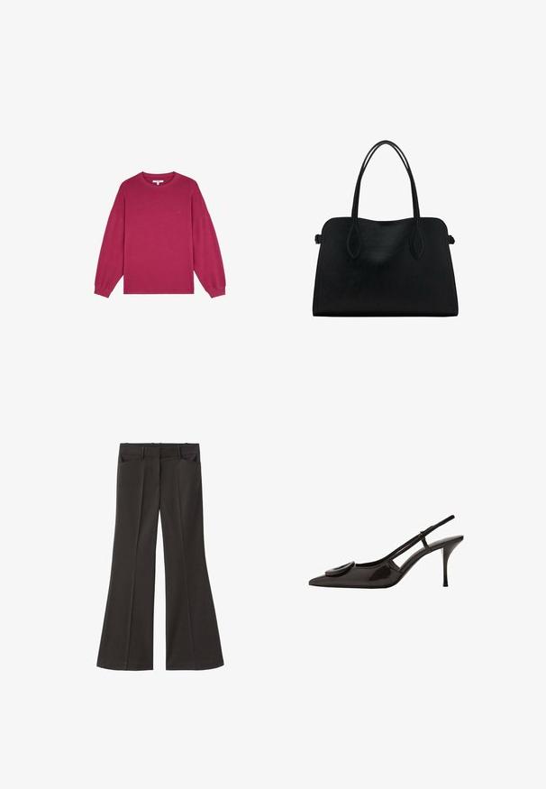 Fuchsia langærmet sweatshirt med rund halsudskæring og ribstrikkede manchetter, lavet af blødt bomuldsstof. Har et lille logo på brystet.; Sorte flagrende bukser med høj talje; har to forlommer og en glat stofstruktur. Egnet til forskellige anledninger.; Sort patenteret læder slingback sko med spids tå, minimalistisk design, lille cirkulært pynt på vampskindsdelen og slank hæl.; Sort læderhåndtaske med dobbelte skulderremme, rektangulær form og minimalistisk design på en hvid baggrund.
