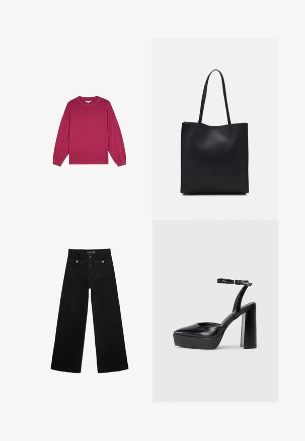 Fuchsia langærmet sweatshirt med rund halsudskæring og ribstrikkede manchetter, lavet af blødt bomuldsstof. Har et lille logo på brystet.; Sorte vidde jeans med høj talje, der har to forlommer og metalknapdetaljer. Stoffet har en glat tekstur.; Sorte platformhæle med spidse tæer og justerbar ankelrem. Construeret i glat læder, med en kraftig blokhæl.; Sort læder tote taske med glat tekstur, rektangulær form og to lange hanke. Ingen synlig hardware eller udsmykninger.
