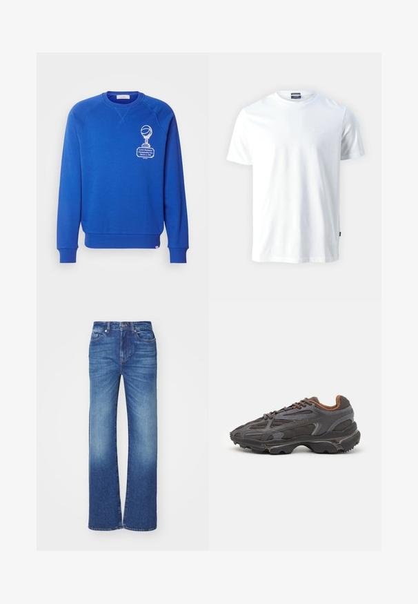 Niebieska bluza z okrągłym dekoltem, z prążkowanymi mankietami i dolnym wykończeniem, z białym nadrukiem graficznym przedstawiającym trofeum i tekst po lewej stronie. Miękki materiał.; Biała bawełniana koszulka z okrągłym dekoltem, krótkim rękawem, z subtelnie wytłoczonym logo "Joop!" na piersi oraz prostym dołem.; Niebieskie dżinsy o prostym kroju, z lekko wyblakłym odcieniem, pięcioma kieszeniami oraz zapięciem na guzik i zamek błyskawiczny w talii.; Sneakers Lacoste w ciemnoszarym kolorze, wykonane z siateczki i materiału syntetycznego, z teksturowaną podeszwą oraz brązowymi akcentami na kołnierzu i logotypie.