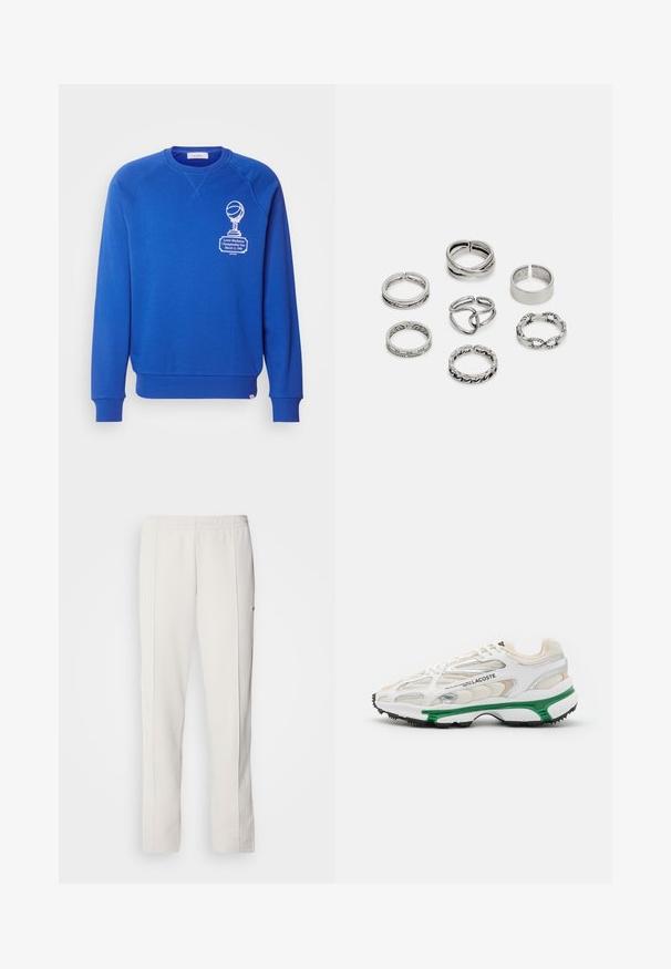 Kék pulóver kerek nyakkal, bordás mandzsettákkal és szegéllyel, a bal oldalon fehér grafikával ellátott trófea és szöveg szerepel. Puha anyagból készült.; Lacoste Tréningruha alsók - hammam; Fehér sneaker zöld részletekkel és fekete gumitalppal. Háló és szintetikus panelek találhatók rajta, texturált felülettel és látható varrással.; Hét ezüst gyűrűből álló szett, különböző formákkal és szélességekkel, köztük csavart, összekapcsolt és gravírozott mintákkal.