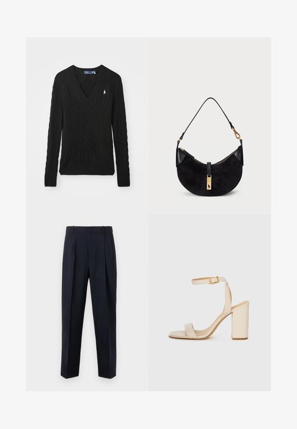 Sweater preto de malha canelada com decote em V, mangas longas, punhos e bainha canelados, e um pequeno logótipo branco bordado no peito.; Calças ajustadas azul-marinho escuras com cintura alta, pregas frontais, bolsos laterais e corte de perna reta. Feitas de tecido liso e leve.; Sandalha de salto alto bege com bico quadrado, tira fina no tornozelo e salto bloco. Textura de couro suave com detalhe de fivela dourada.; Mala preta com forma curve, feita de camurça e couro, com um fecho de correr dourado e um detalhe com o logótipo. Inclui uma alça curta.