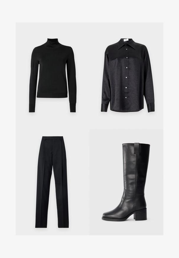 Čierny dlhý rukáv rolák s rebrovanými manžetami a lemom, zobrazený na čistej bielej pozadí.; Čierna košeľa s dlhým rukávom a golierom, s pokrčenou textúrou, plne gombíkovou prednou časťou a manžetami. Vyrobená z hladkého materiálu.; Čierne nohavice vyrobené z hladkej látky s vysokým pásom, širokými nohavicami, prednými záhybmi a klasickými pútkami na opasok. Žiadne bočné vrecká nie sú viditeľné.; Čierne kožené čižmy po kolená so hladkou textúrou, štvorcovou špičkou, blokovým podpätkom a bočným úchytom, s minimálnymi švami.