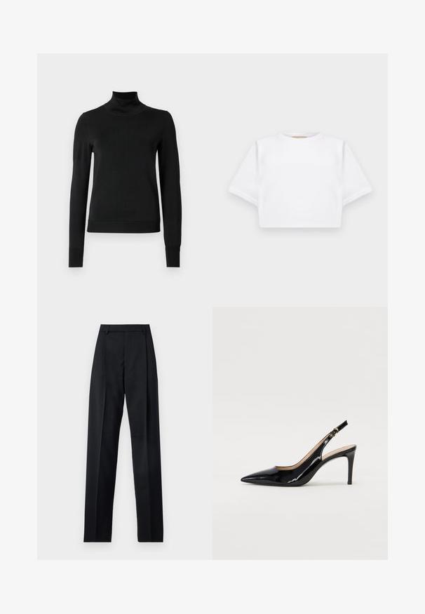 Schwarzer Langarmrollkragenpullover mit gerippten Bündchen und Saum, auf einem schlichten weißen Hintergrund präsentiert.; Beschnittenes weißes T-Shirt aus weichem Stoff, mit kurzen Ärmeln, rundem Halsausschnitt und gerippten Saumdetails. Einfaches und schnörkelloses Design.; Schwarze Hosen aus glattem Stoff mit hoher Taille, weitem Bein, vorderen Falten und klassischen Gürtelschlaufen. Keine sichtbaren Seitentaschen.; Schwarz lackierte Slingback-Pumps mit spitzem Zehenbereich, schlankem Absatz und einem subtilen Ausschnittdesign. Verfügt über eine goldene Schnalle am Riemen.