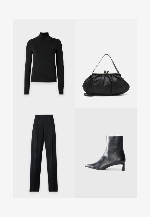 Black long-sleeve turtleneck sweater with ribbed cuffs and hem, displayed on a plain white background.; Black trousers made from smooth fabric featuring a high waist, wide legs, front pleats, and classic belt loops. No side pockets visible.; Black leather ankle boot with a pointed toe and a sleek design. Features a low heel and a zipper closure at the back. Smooth texture.; Black leather handbag with a rounded, pleated design. Features a metallic clasp with two decorative balls and a slim, detachable strap.