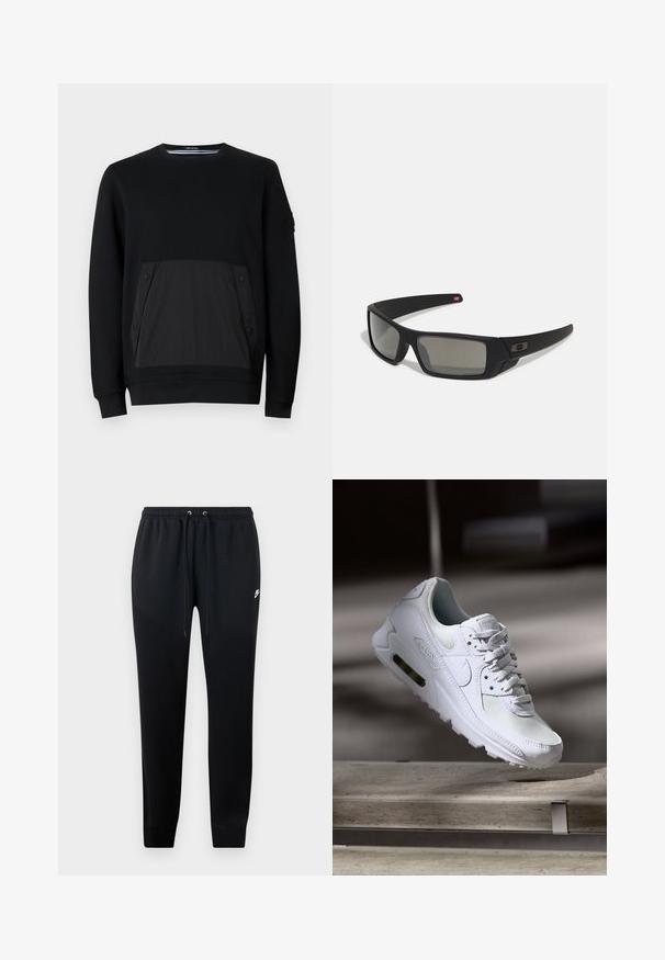Černá mikina s texturovanou černou kapsou na patentky, kulatým výstřihem a dlouhými rukávy. Hladká tkanina s jemným leskem.; Černé tepláky vyrobené z měkké látky, s elastickým pasem se šňůrkami, manžetami na kotnících a malým logem na boku.; Bílé tenisky Nike Air Max 90 s vrchním materiálem z textilu a kůže, perforovanou špičkou a viditelnou vzduchovou jednotkou v patě.; Černé sluneční brýle s matným povrchem, obdélníkové čočky, mírná křivka na spáncích, nenápadný detail loga a čočky s kouřovým zabarvením.