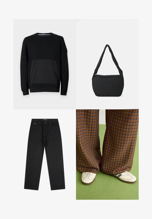 Sweatshirt negru cu un buzunar texturat negru și închideri cu capsă, guler rotund și mâneci lungi. Material neted cu o strălucire subtilă.; Jeans negri cu picioare drepte, cu nasture și fermoar frontal, bucle pentru curea și design cu cinci buzunare, așezați pe un fundal alb.; Pantaloni largi cu carouri maro și albastru, asociați cu pantofi albi cu accente negre și tălpi texturate, împotriva unui fundal verde.; Geantă de umăr neagră cu o textură căptușită, formă rotundă și un bretele lată, având un logo embosat pe față.