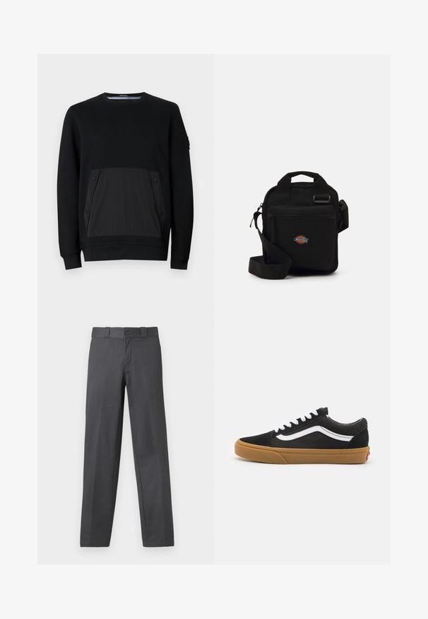 Sweatshirt negru cu un buzunar texturat negru și închideri cu capsă, guler rotund și mâneci lungi. Material neted cu o strălucire subtilă.; Pantaloni gri, dintr-un material neted, cu un design drept, închidere cu nasture și bucle pentru curea; cusături minime și fără modele.; Adidași din suede negru cu dungi albe pe lateral, șireturi albe și talpă din cauciuc natural. Design clasic de tip low-top cu accente texturate și vârf rotunjit.; Geantă de umăr neagră cu un buzunar cu fermoar, formă rectangulară, fabricată din material textil, cu un patch logo pe partea din față, curea de umăr ajustabilă.