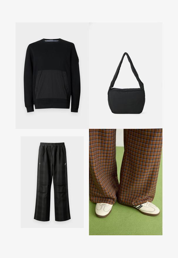 Black sweatshirt featuring a textured black pocket with snap closures, round neck, and long sleeves. Smooth fabric with subtle sheen.; Black plaid pants featuring an elastic waistband, two front pockets, and a loose fit with a straight leg design. Made from lightweight material.; Brown and blue plaid wide-leg trousers paired with white shoes featuring black accents and textured soles, set against a green background.; Black shoulder bag with a padded texture, a rounded shape, and a wide strap, featuring an embossed logo on the front.