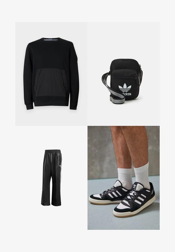 Black sweatshirt featuring a textured black pocket with snap closures, round neck, and long sleeves. Smooth fabric with subtle sheen.; Black synthetic track pants with an elastic waistband, featuring white side stripes and a small white logo on the left hip.; Black and white sneakers with a suede and leather upper, featuring three white stripes, a perforated toe, and a gum rubber sole.; Black fabric crossbody bag with a zipper closure, featuring a white Adidas logo and a striped adjustable strap for easy carrying.