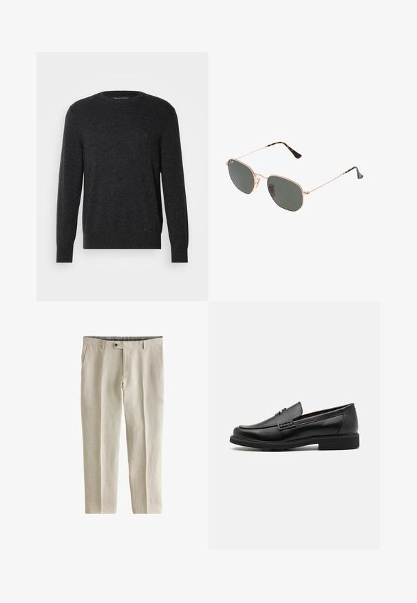 Marc O'Polo CREWNECK - Strickpullover - dark grey melange; Next SIGNATURE - REGULAR FIT - Stoffhose - neutral; Schwarze synthetische Slipper mit einer markanten gesteppten Vorderseite, gepolstertem Fußbett und flacher Gummisohle; schlankes Design mit minimaler Detailverarbeitung.; Goldfarbene Metallrahmen-Sonnenbrillen mit dunkelgrünen Gläsern im Pilotenstil, mit schlanken Bügeln und Schildpatt-Akzenten an den Spitzen.