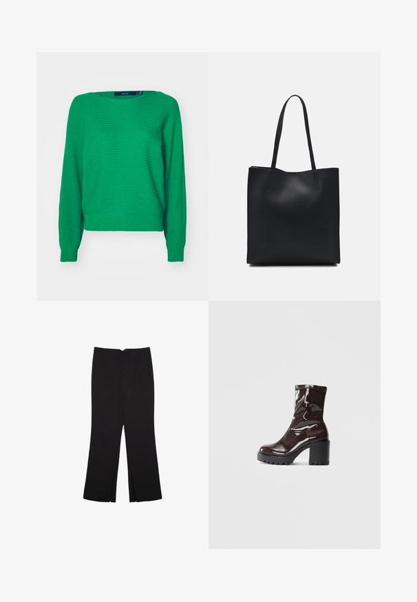 Zeleno pleteno jopič s dolgimi rokavi, rebrastim robom in manšetami, ki se ponaša z površino z teksturo in ohlapnim krojem. Oznaka je vidna na ovratniku.; Črne hlače ravnega kroja z naglavnimi žepi in stranskimi razporki na robu. Narejene iz mehke, gladke tkanine. Primerne za različne priložnosti.; Sijajan škrlatank z bleščečim videzom, z masivnim črnim peto, ki se ponaša z gladko teksturo in preprostim dizajnom. Brez vidnih zapenjal ali vzorcev.; Črna usnjena torba s svilnato teksturo, pravokotne oblike in dvema dolgima ročajema. Brez vidnih metalnih delov ali okrasnih elementov.