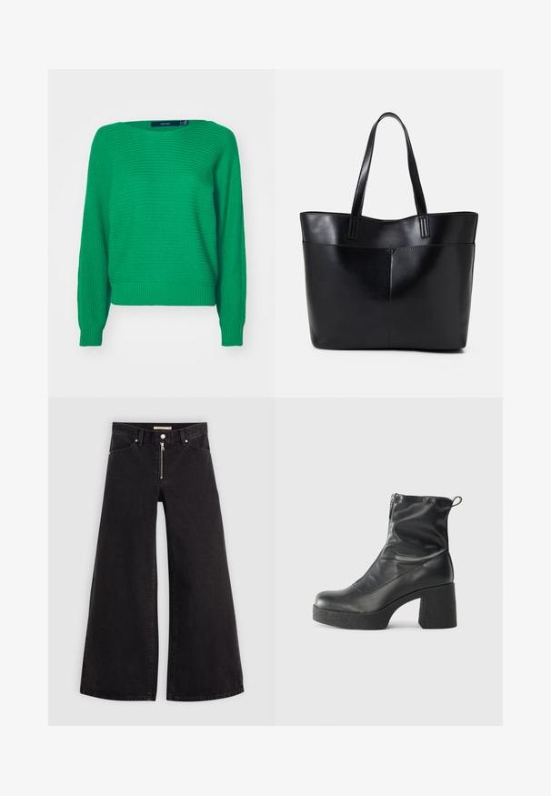 Zöld kötött pulóver hosszú ujjakkal, bordázott szegéllyel és mandzsettával, texturált felszíne és laza szabása van. A címke látható a nyakrésznél.; Fekete denim széles szárú farmer, cipzáros elejével, öt zsebes kialakítással és diszkrét varrással. Sima textúra és laza stílus.; Fekete bokacsizmák sima bőrből, oldalsó cipzárral, vastag, texturált sarkú és lekerekített orrú dizájnnal.; Fekete bőr bevásárlótáska két hosszú fogantyúval, sima felülettel és strukturált formával. Elülső zseb található rajta a plusz tárolás érdekében.